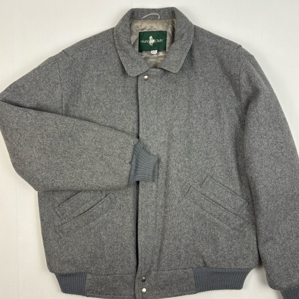 VTG 90s Hunt Club Wool Melton Snap-Front Varsity Jacket Large Tall Gray/Navy USA